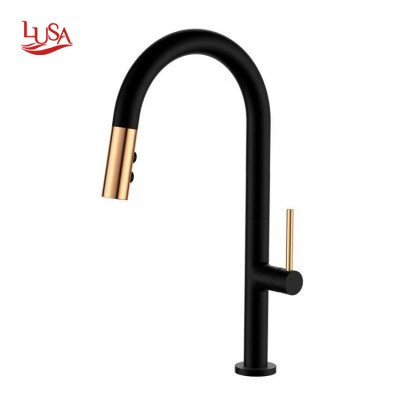 Black and gold water taps Pull Out brass kitchen sink faucet 2 way kitchen faucet